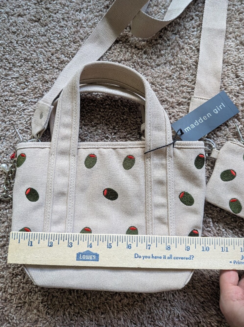 Madden Girl Olive Embroidered Mini Canvas Tote Bag Dual Crossbody And Clutch NWT - Picture 10 of 11